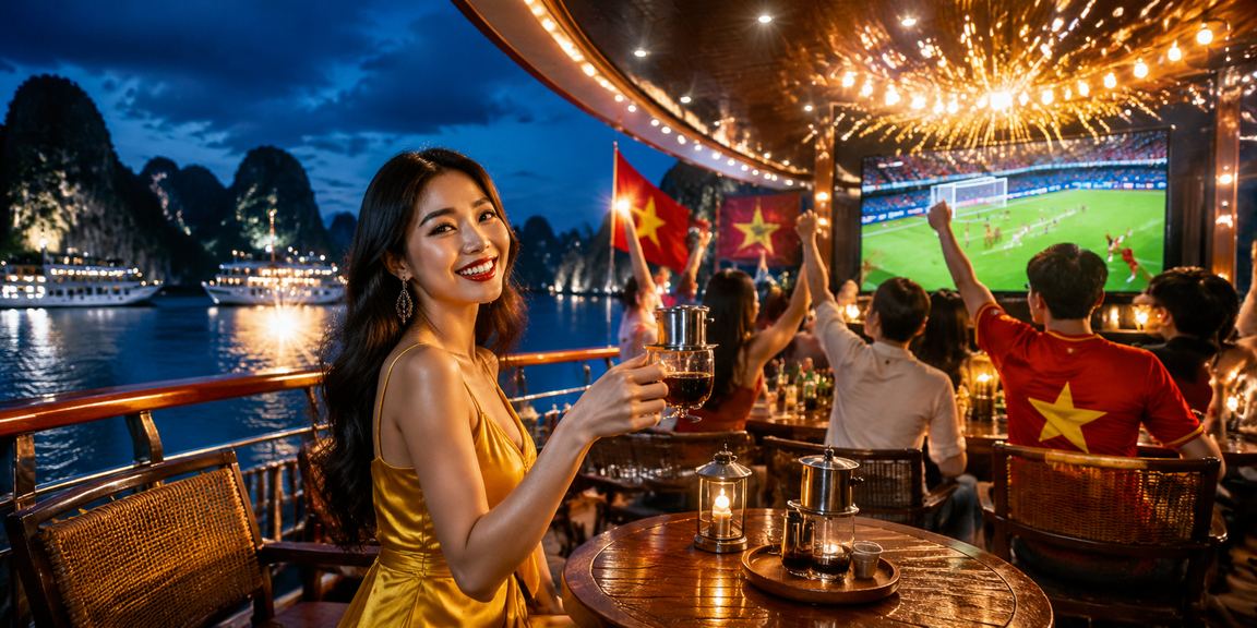 Người dùng thư giãn bên vịnh Hạ Long, thưởng thức cà phê và xem kết quả cá cược thể thao