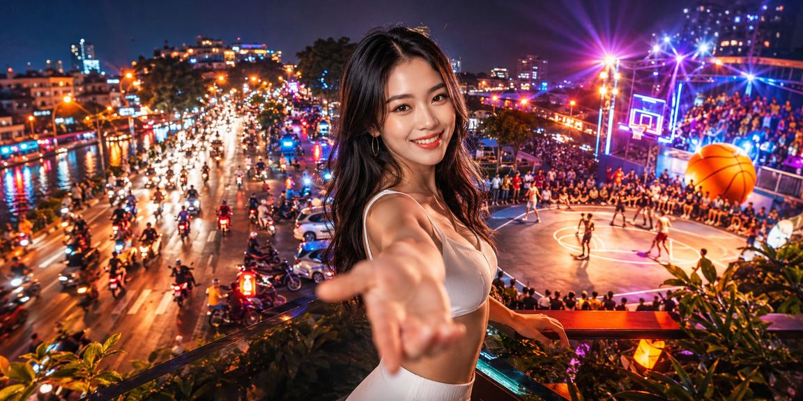 Người dùng Hà Nội theo dõi kèo bóng rổ tại chợ đêm với điện thoại